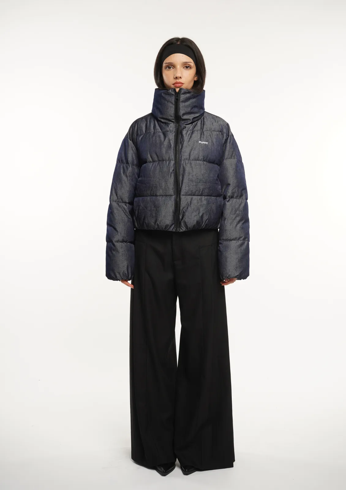 Stand-up Collar Cropped Puffer Jacket Splashproof Denim
