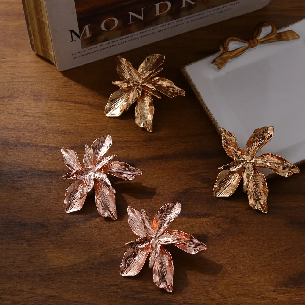 Statement Jewelry Exaggerated Gold Color Flower Metal Stud Earrings for Women