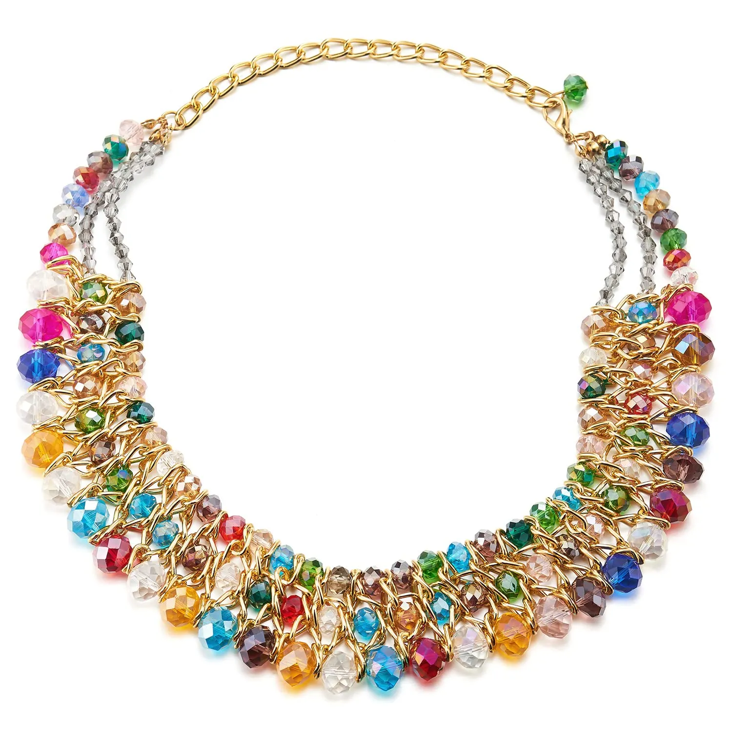Statement Necklace Black Faceted Crystal Beads String Gold Braided Chain Pendant