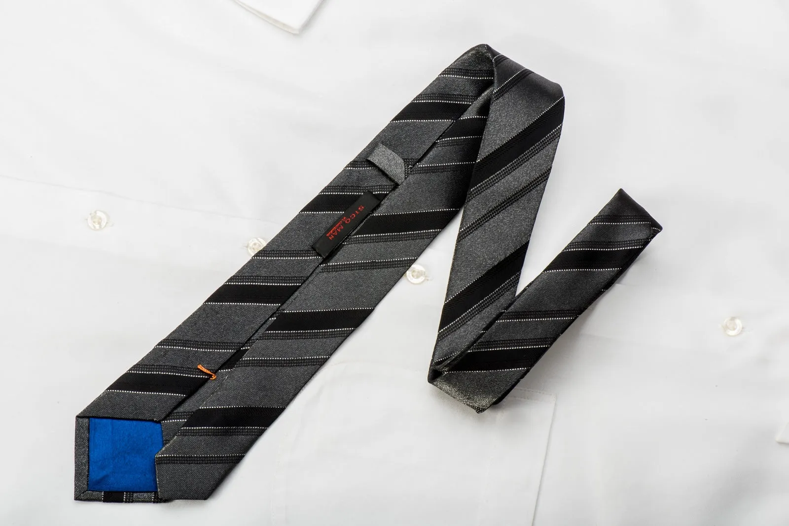 STCO Men's Silk Skinny Tie Black Silver Stripes On Gray