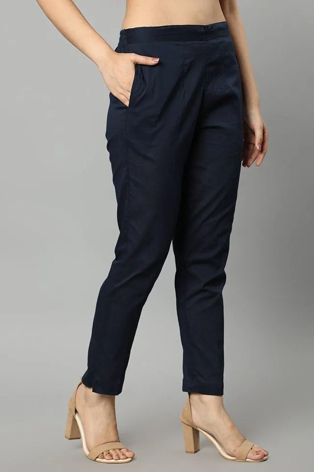 Straight Fit Navy Blue Drainpipe Pants