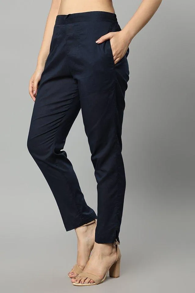 Straight Fit Navy Blue Drainpipe Pants