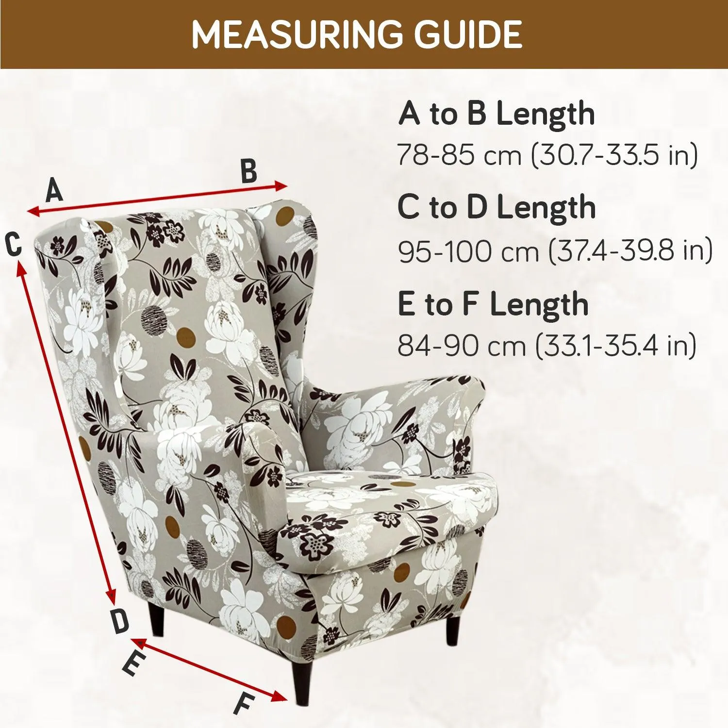 Stretchable 140 GSM Wing Chair Cover, Feather Brown Floral
