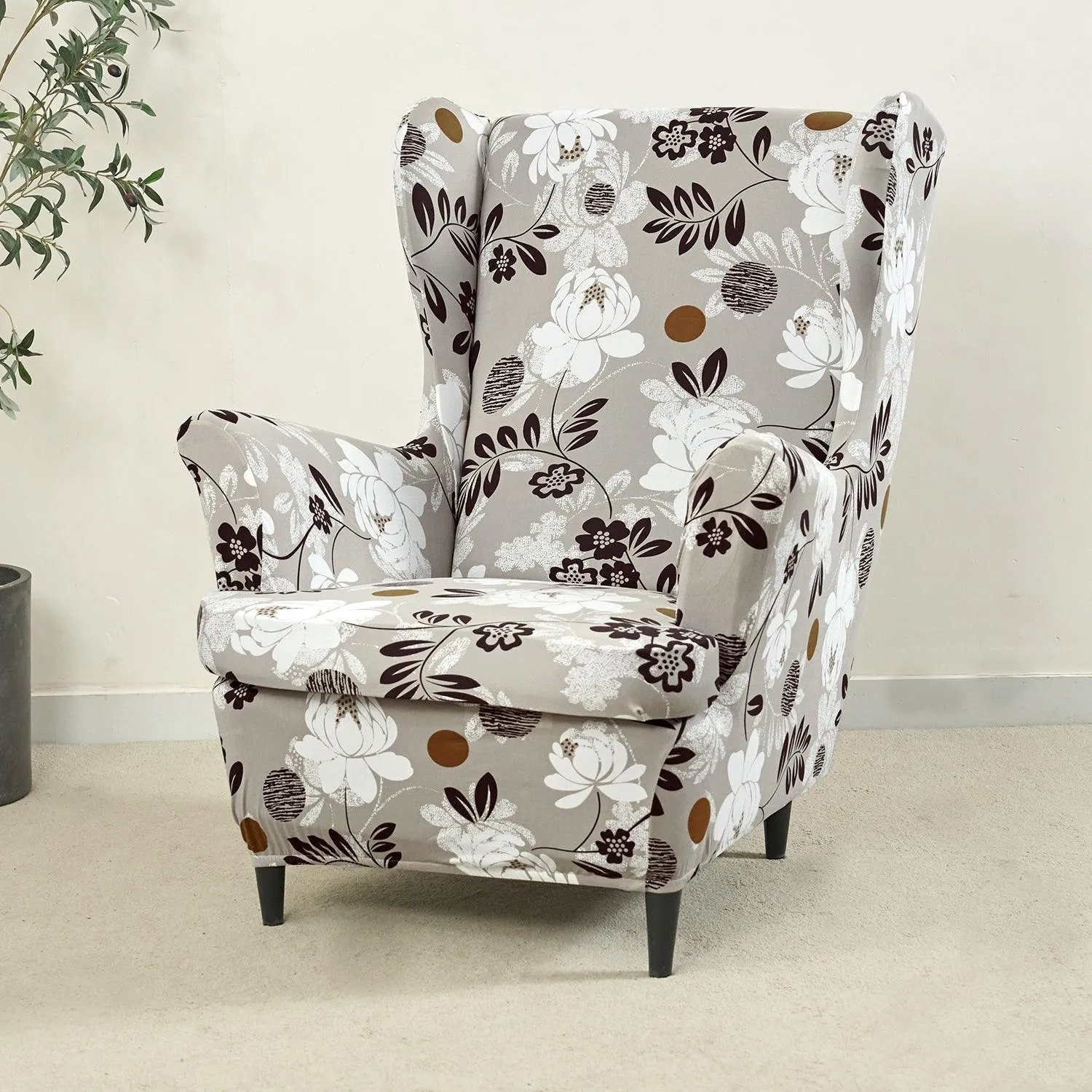Stretchable 140 GSM Wing Chair Cover, Feather Brown Floral