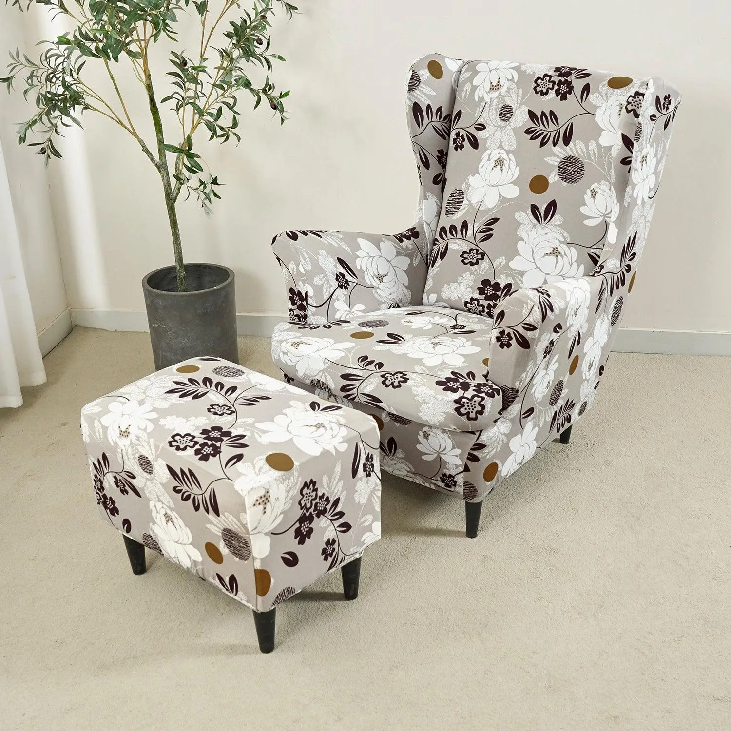 Stretchable 140 GSM Wing Chair Cover, Feather Brown Floral