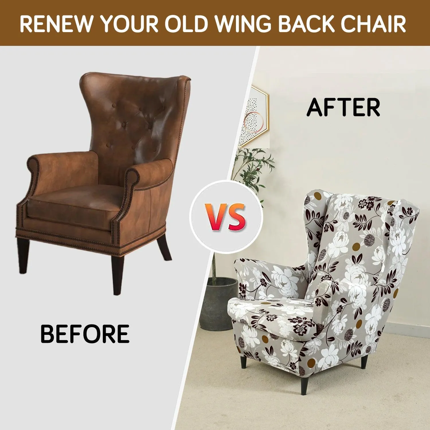 Stretchable 140 GSM Wing Chair Cover, Feather Brown Floral