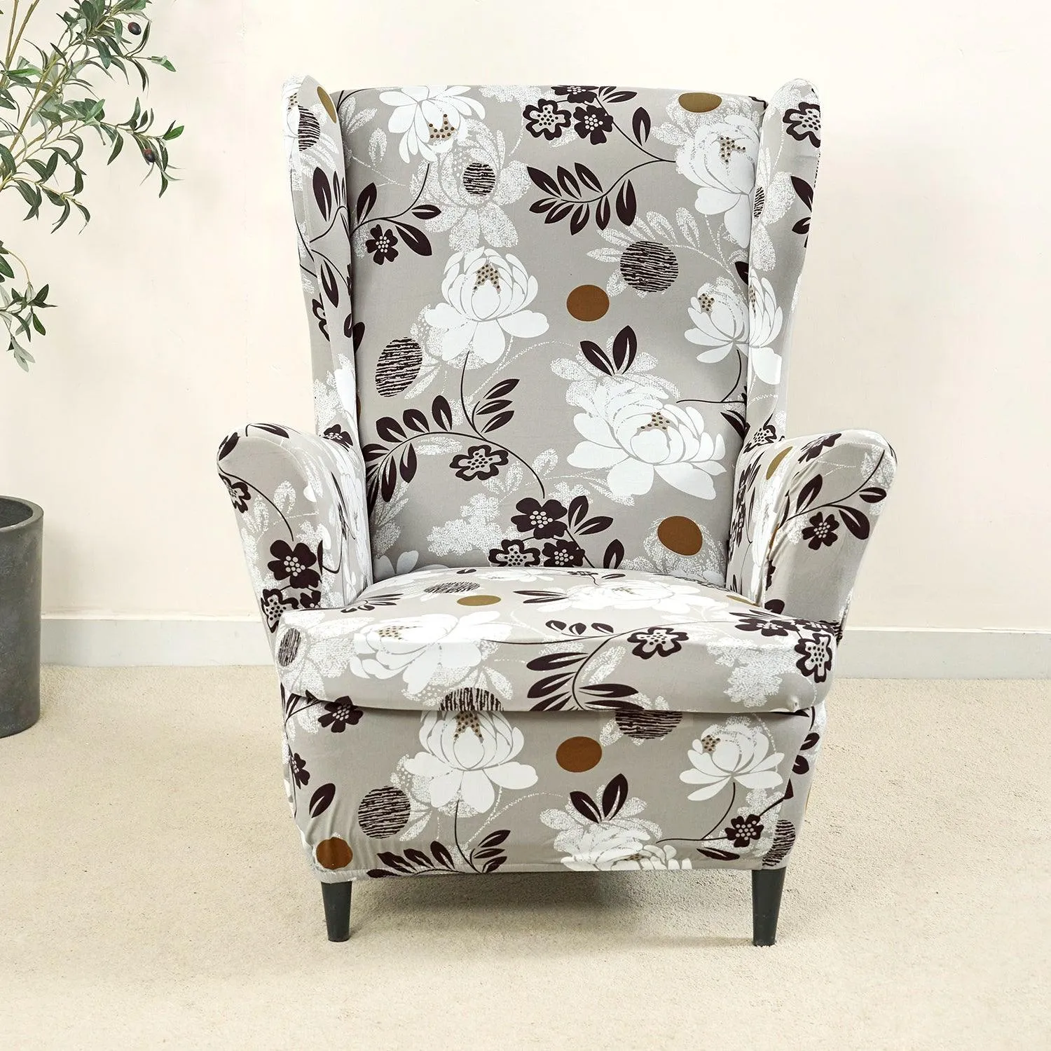 Stretchable 140 GSM Wing Chair Cover, Feather Brown Floral