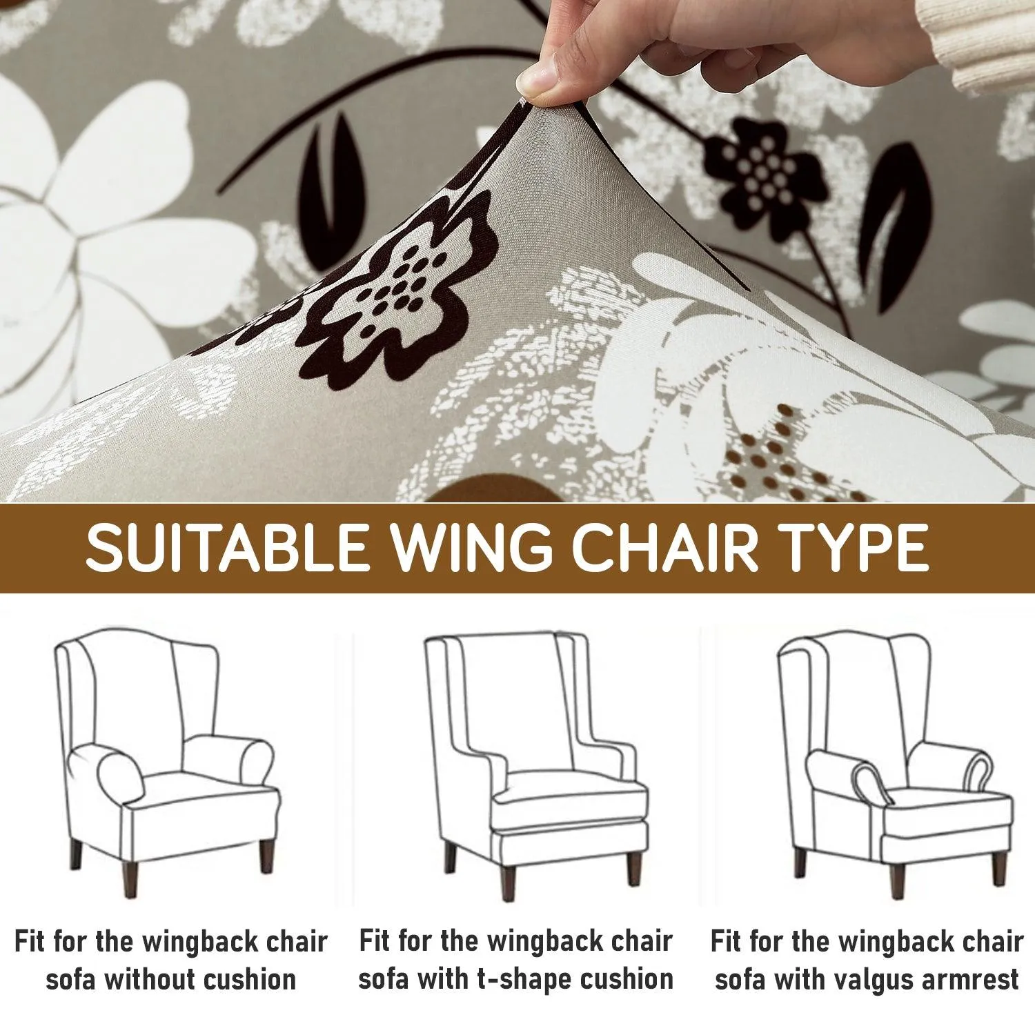 Stretchable 140 GSM Wing Chair Cover, Feather Brown Floral
