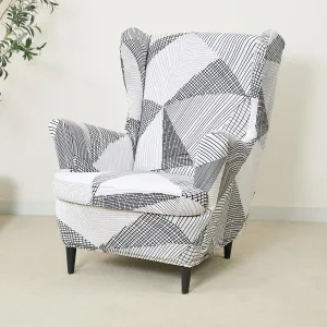 Stretchable 140 GSM Wing Chair Cover, Snow White Black Geometry