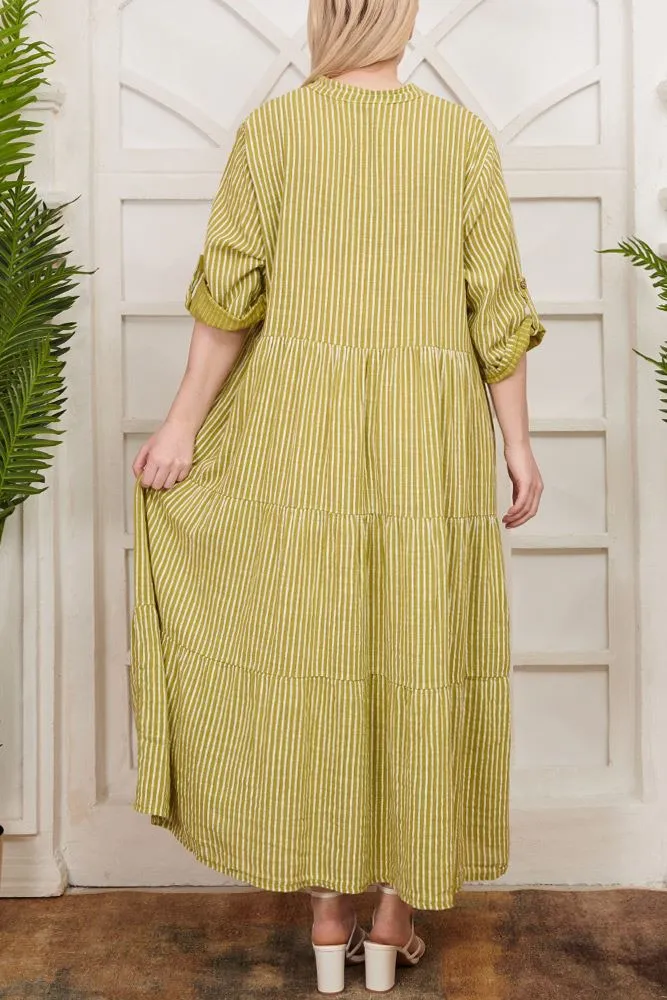 Stripe Print Flared Hem Cotton Dress