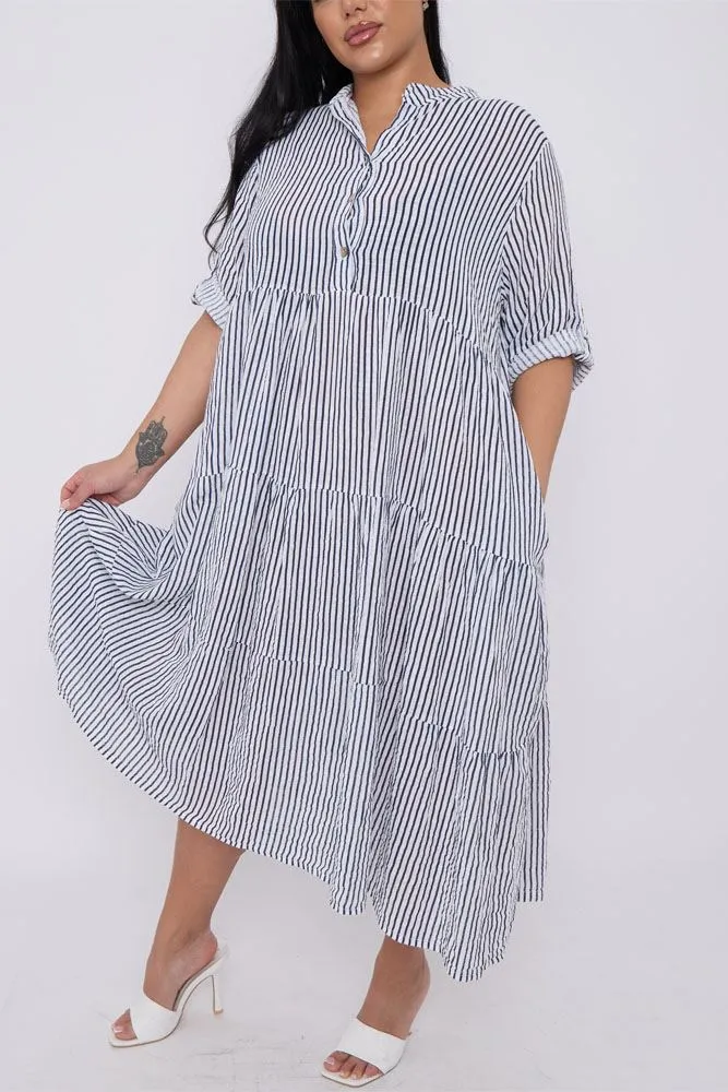 Stripe Print Flared Hem Cotton Dress