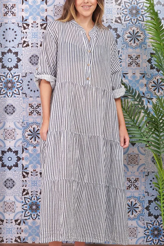 Stripe Print Flared Hem Cotton Dress