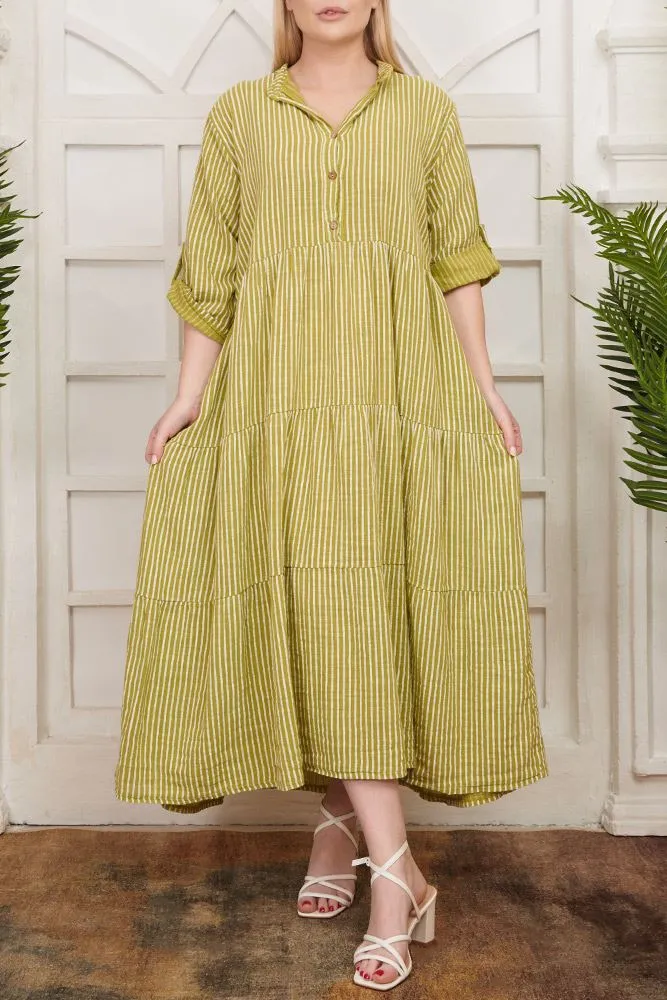 Stripe Print Flared Hem Cotton Dress