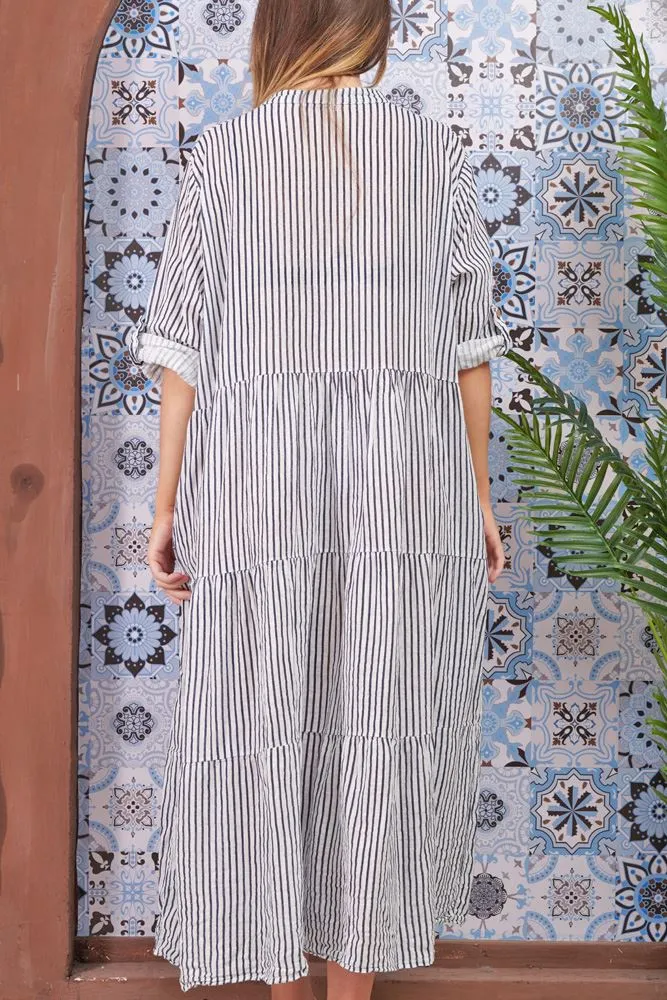 Stripe Print Flared Hem Cotton Dress