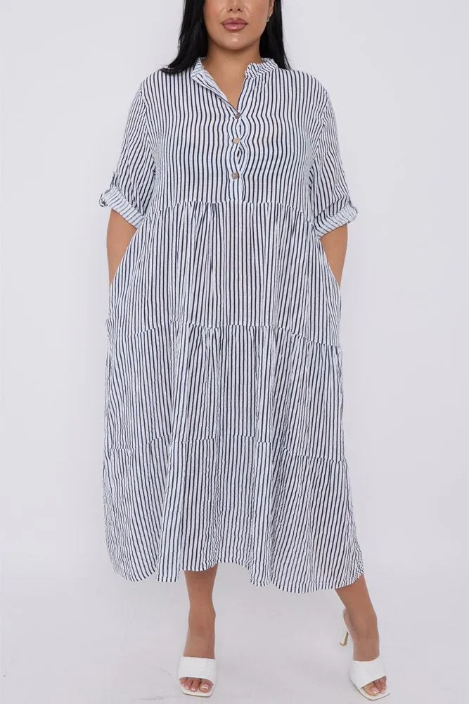 Stripe Print Flared Hem Cotton Dress