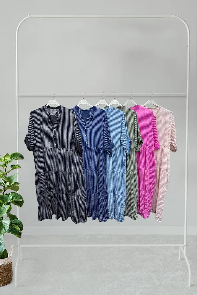 Stripe Print Flared Hem Cotton Dress
