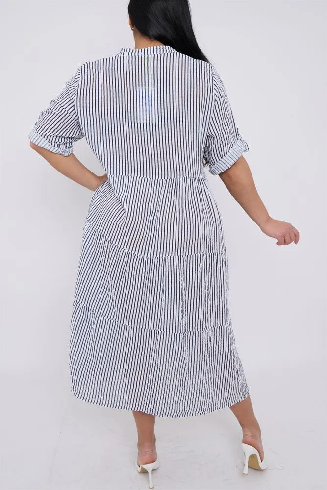 Stripe Print Flared Hem Cotton Dress