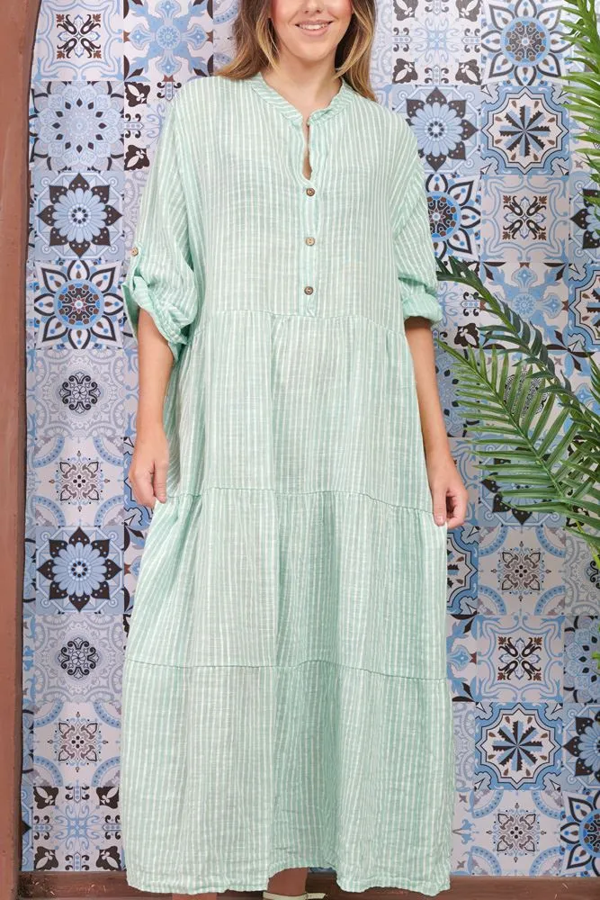 Stripe Print Flared Hem Cotton Dress