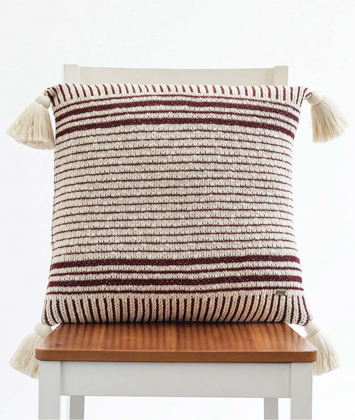 Stripe Square Cotton Knitted Decorative Natural & Maroon Color 18 x 18 Inches Cushion Cover