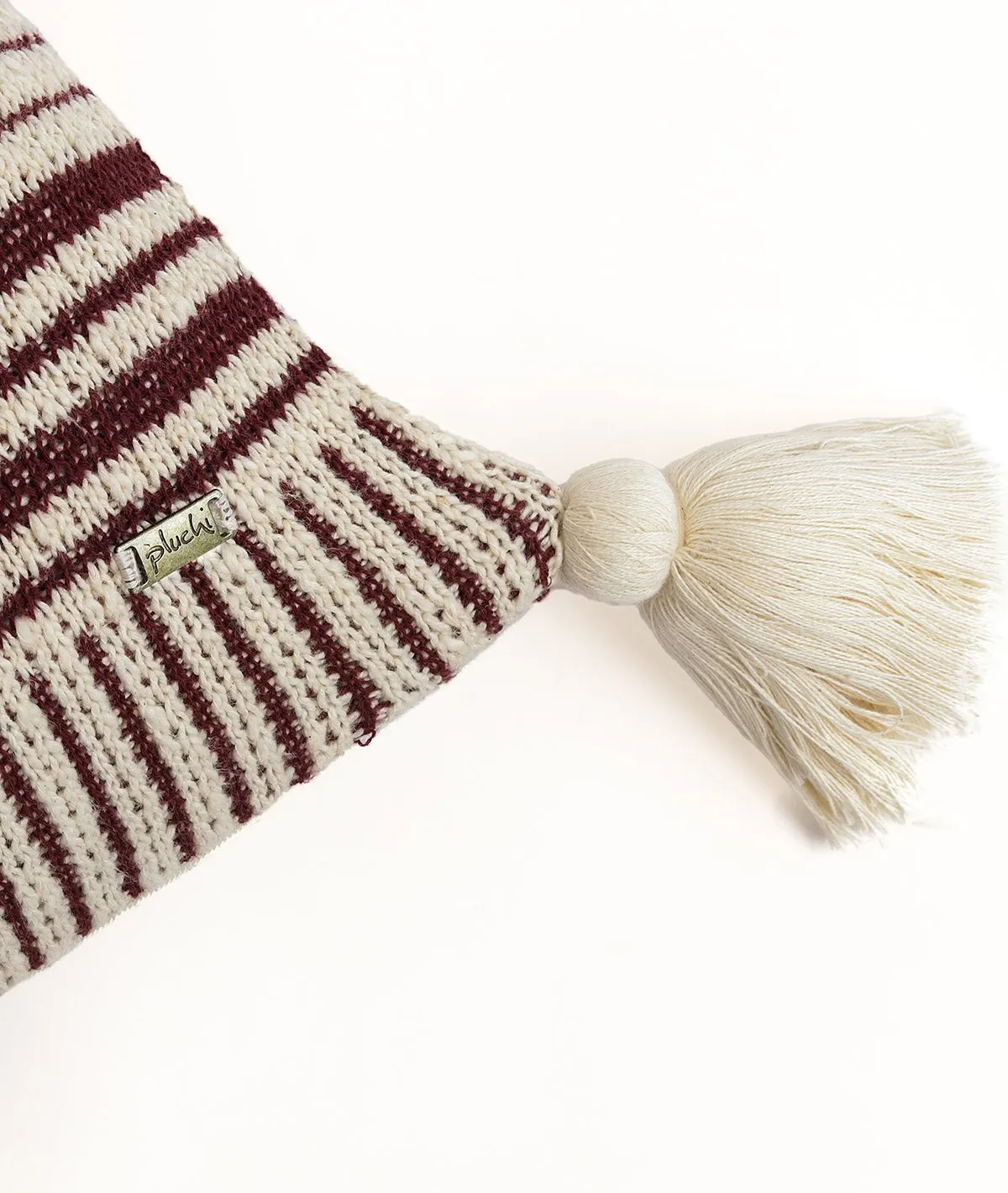 Stripe Square Cotton Knitted Decorative Natural & Maroon Color 18 x 18 Inches Cushion Cover