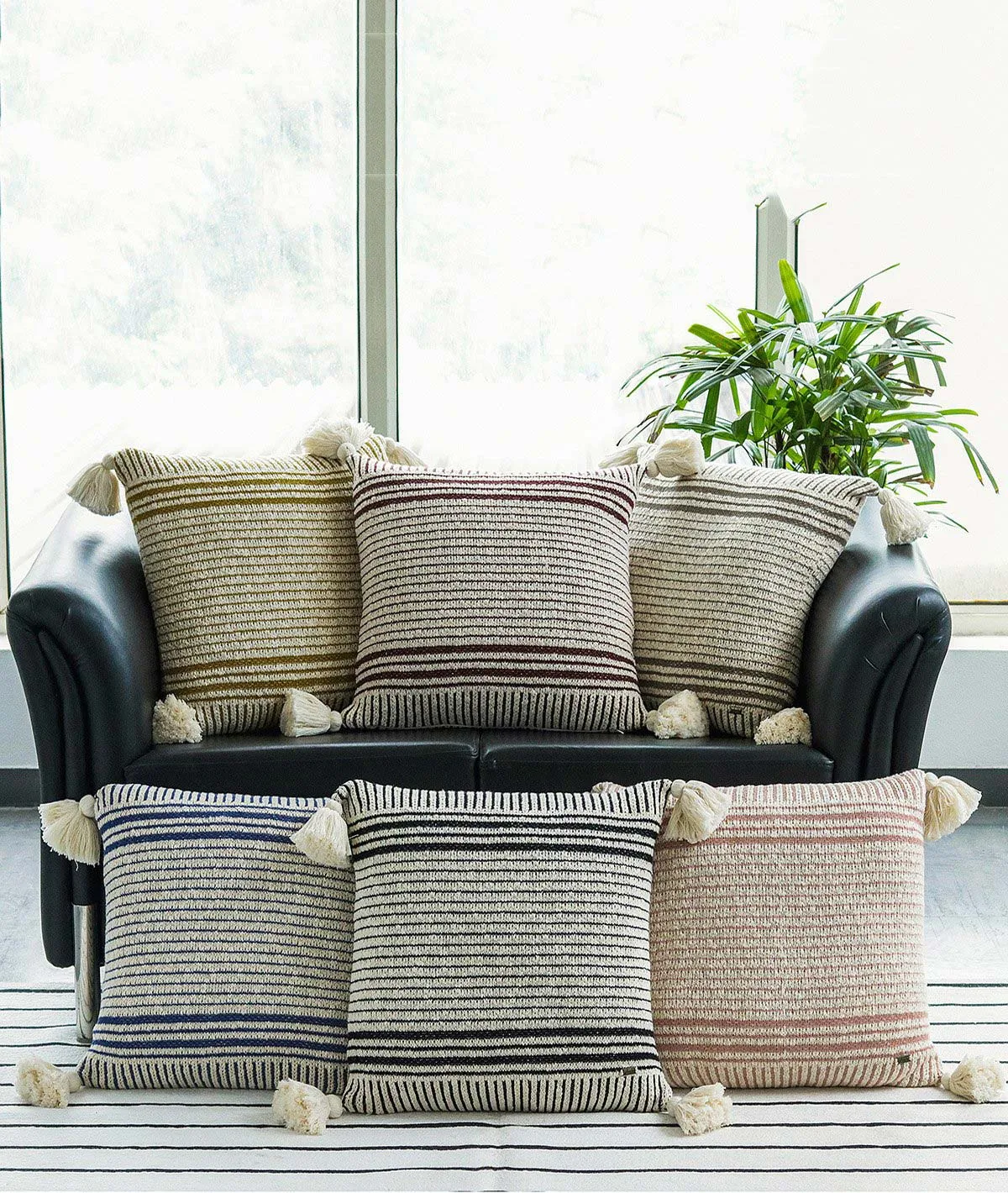 Stripe Square Cotton Knitted Decorative Natural & Maroon Color 18 x 18 Inches Cushion Cover