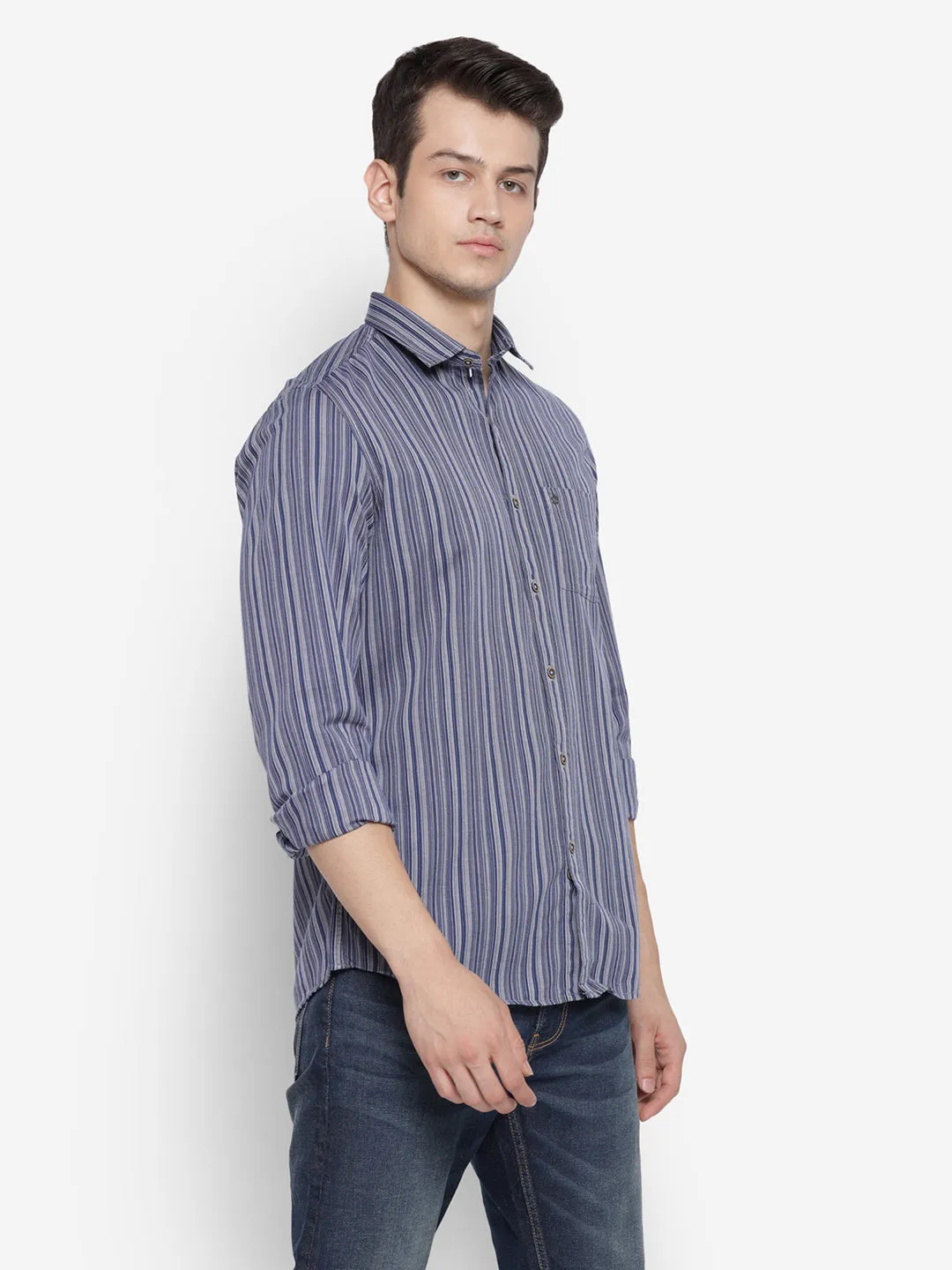 Striped Blue Slim Fit Causal Shirt