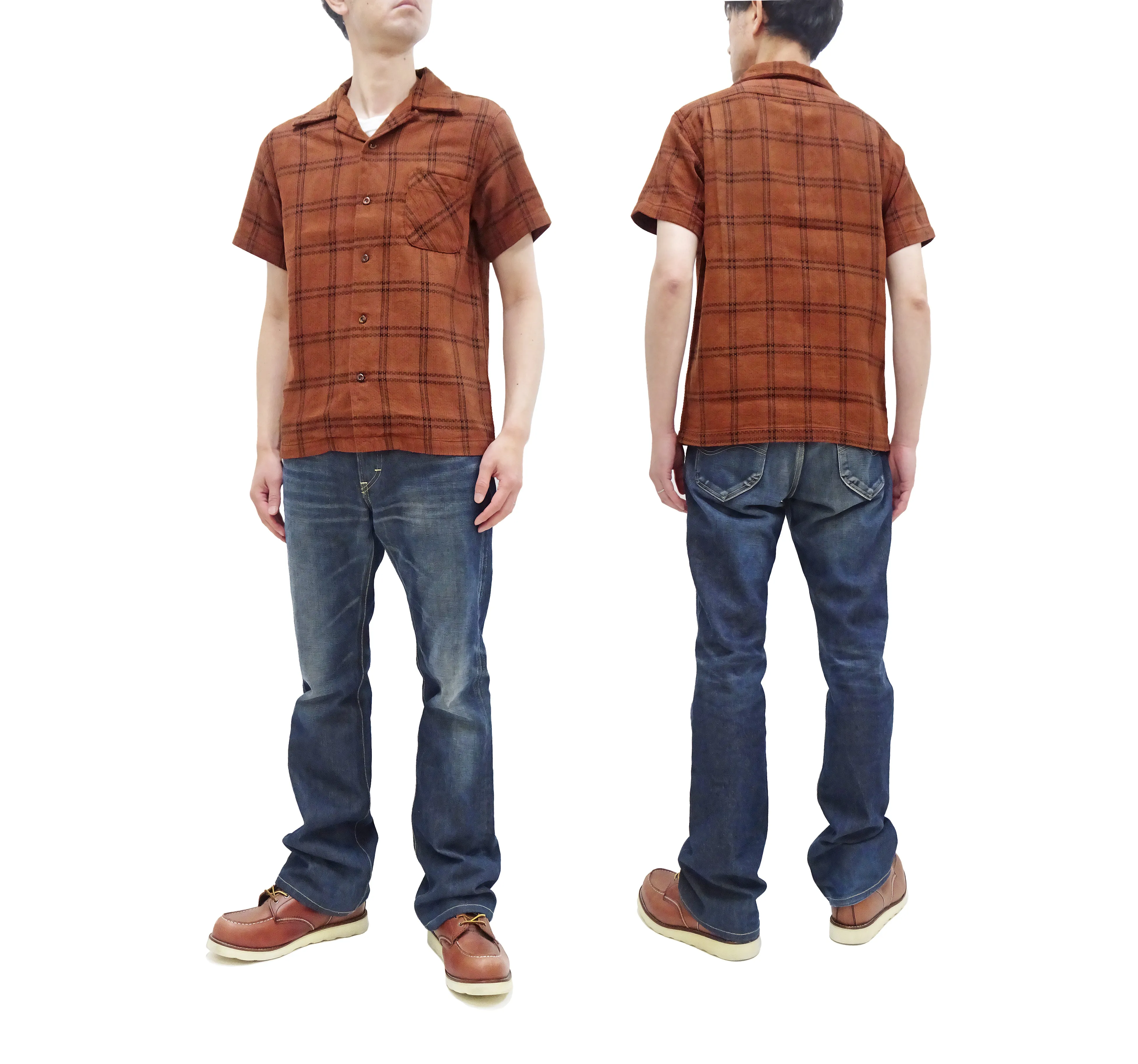 Studio D'artisan Sashiko Shirt Men's Casual Resort Collar Short Sleeve Natural Dye Plaid Button Up Shirt 5690 Brown