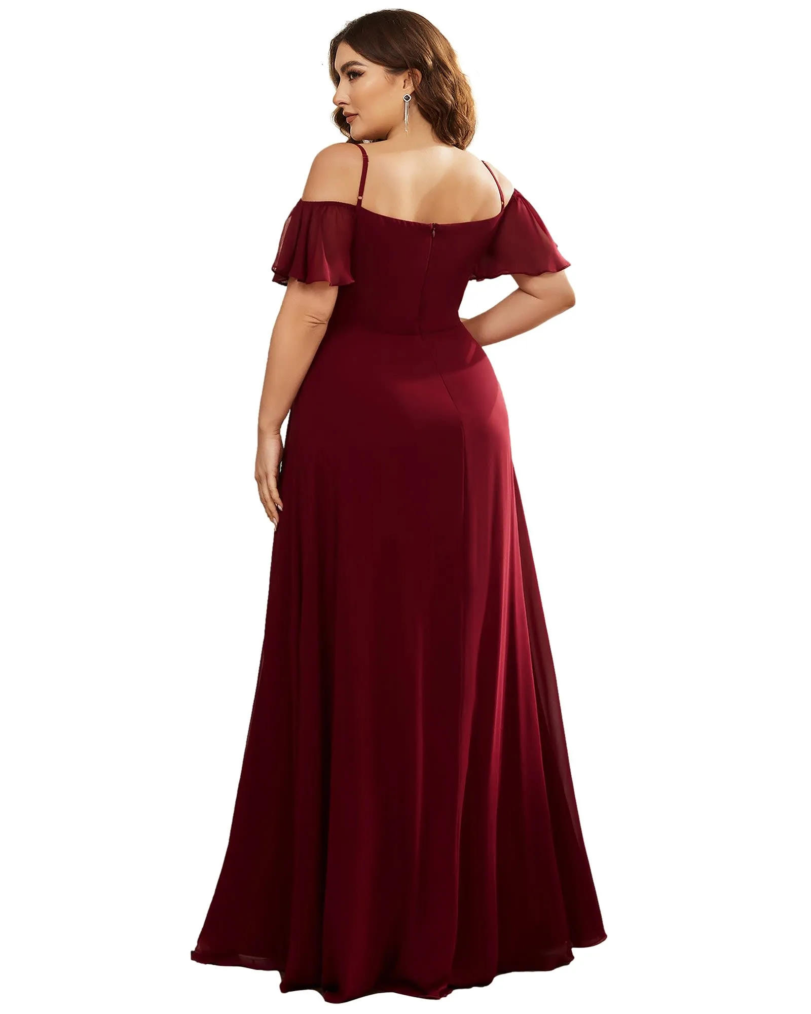 Stylish Cold Shoulder Flare Sleeves Flowy Bridesmaid Dress | Burgundy
