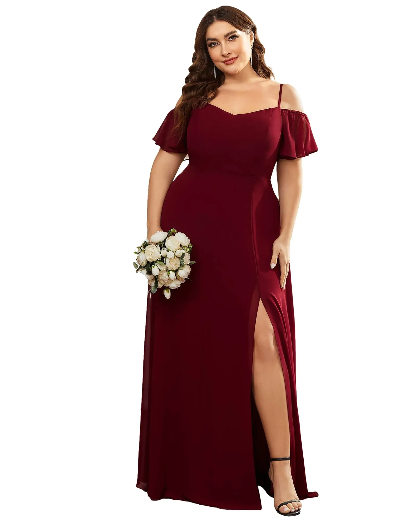 Stylish Cold Shoulder Flare Sleeves Flowy Bridesmaid Dress | Burgundy