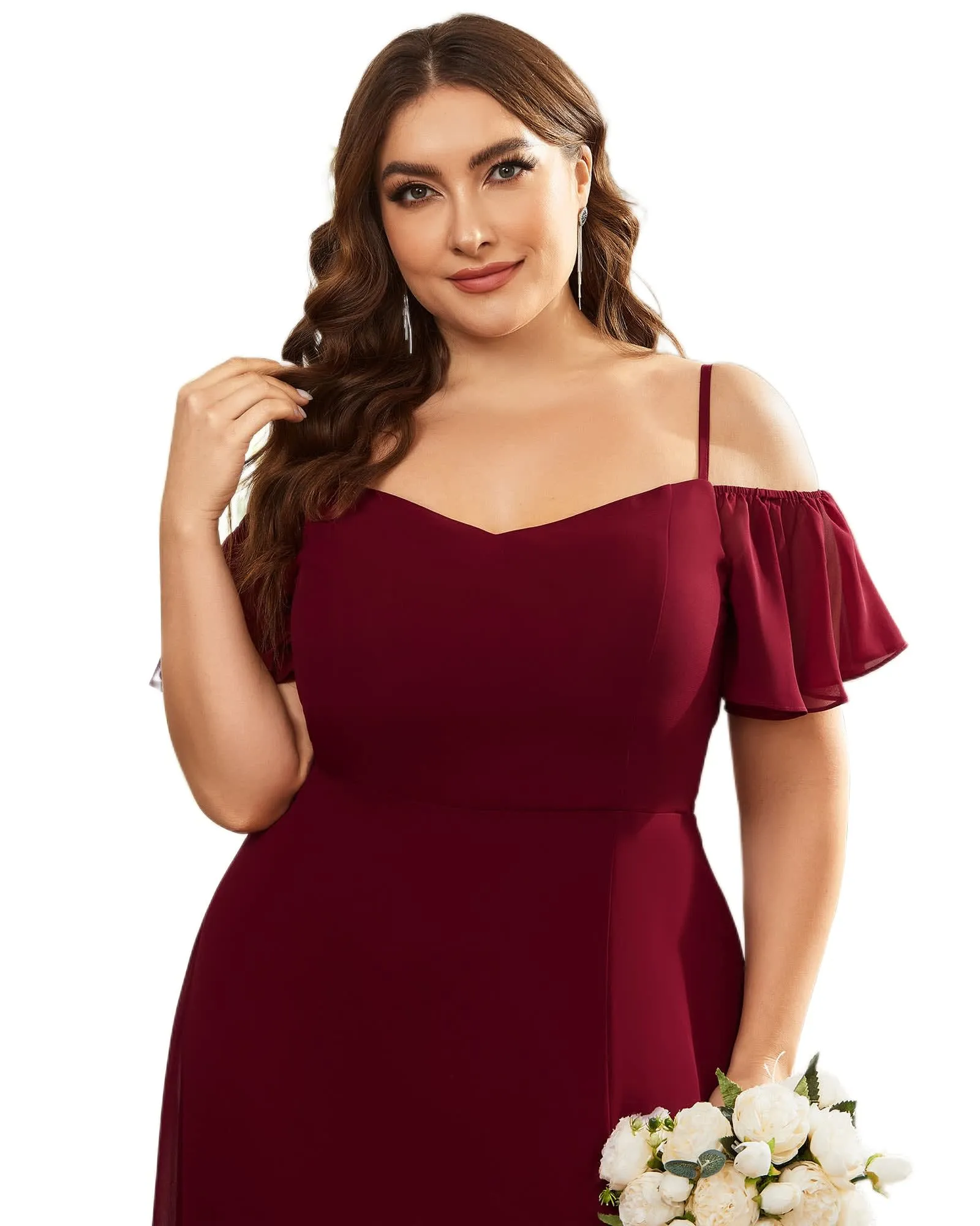 Stylish Cold Shoulder Flare Sleeves Flowy Bridesmaid Dress | Burgundy