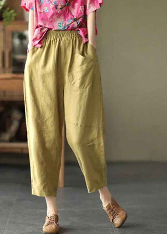 Stylish Yellow Linen Pockets Patchwork Summer Pants