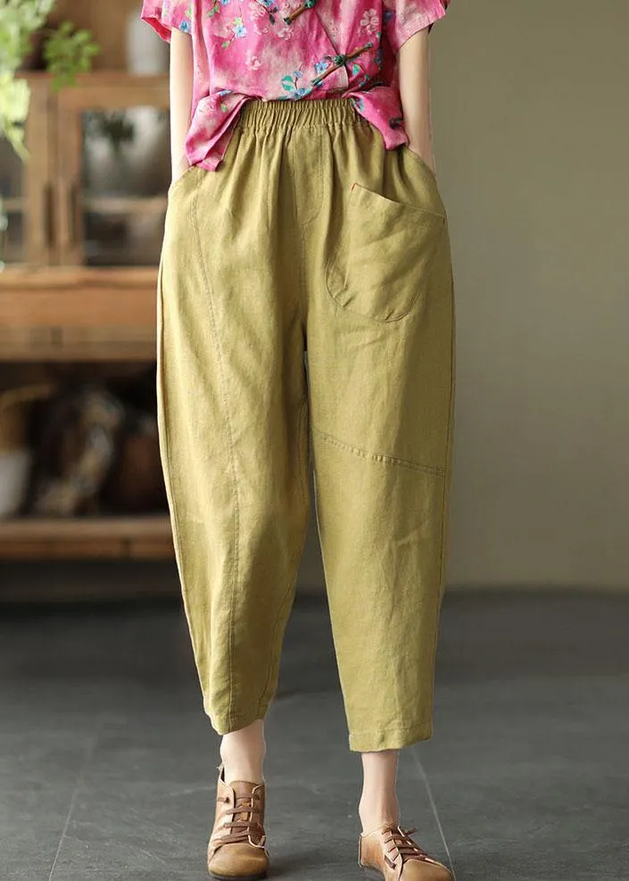 Stylish Yellow Linen Pockets Patchwork Summer Pants