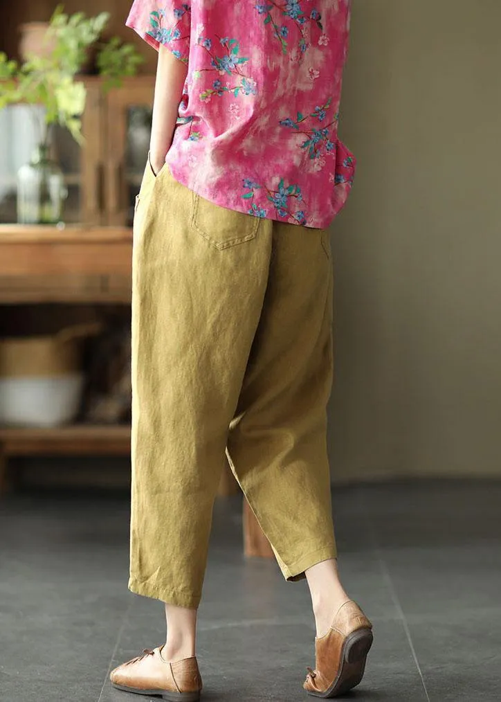 Stylish Yellow Linen Pockets Patchwork Summer Pants