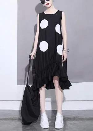 Summer Woman Black Sleeveless Large Dots Patches Ruffle Hem Straight Sundress