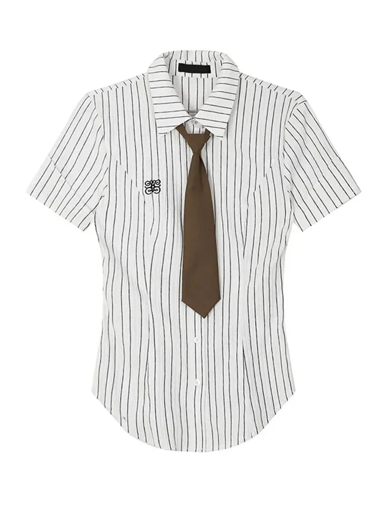 Summer Women Preppy Style Slim Striped Shirts With Tie Short Sleeve Blouses Japanese Fashion JK Top 2000s Aesthetic Y2k Vintage