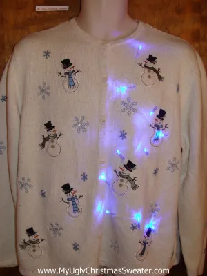Sweet Cute Happy Snowmen Light Up Ugly Xmas Sweater