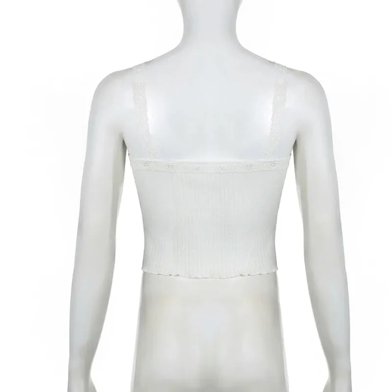 Sweet White Knit Appliques Summer Mini Top for Women Cutecore Lace Trim Y2K Aesthetic Coquette Clothes Korean Camis