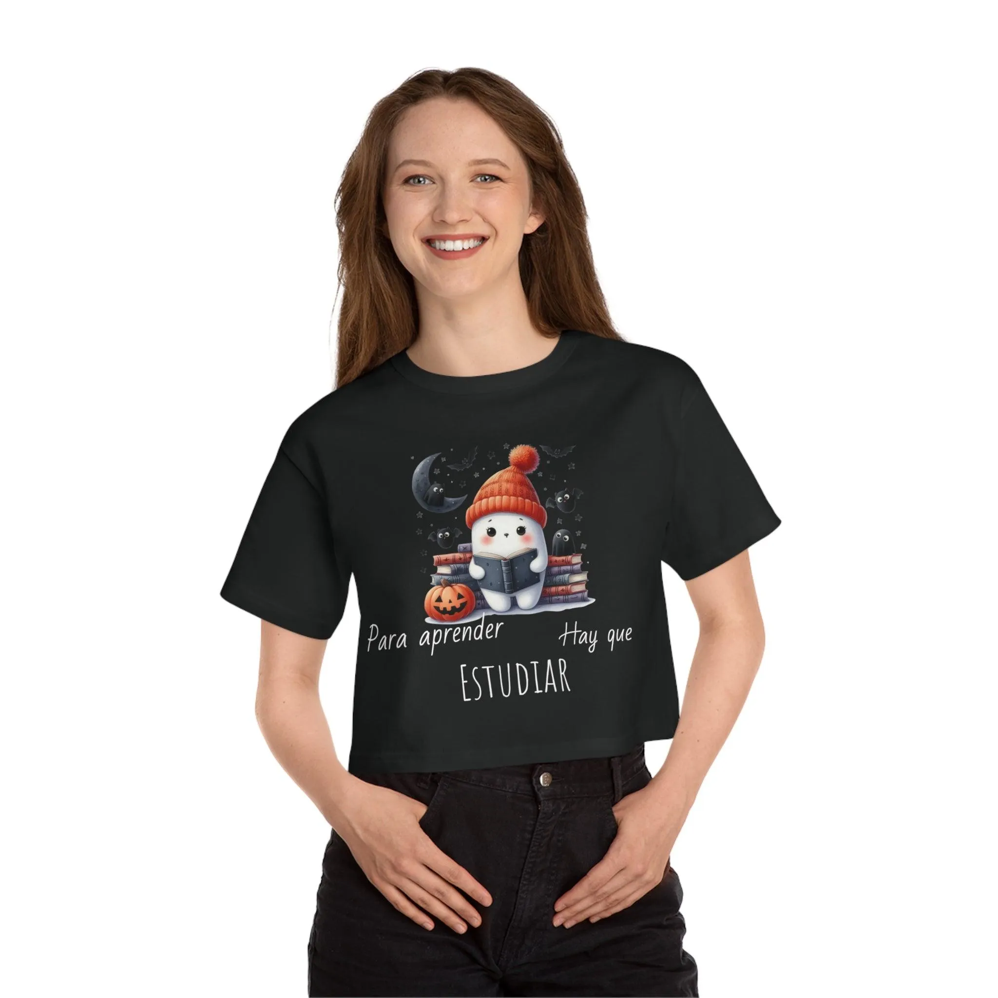 T-Shirt Corta Fantasma con Libros y mensaje: " Para Aprender Hay Que Leer"/T-Shirt  Halloween/T-Shirt Amante de los Libros
