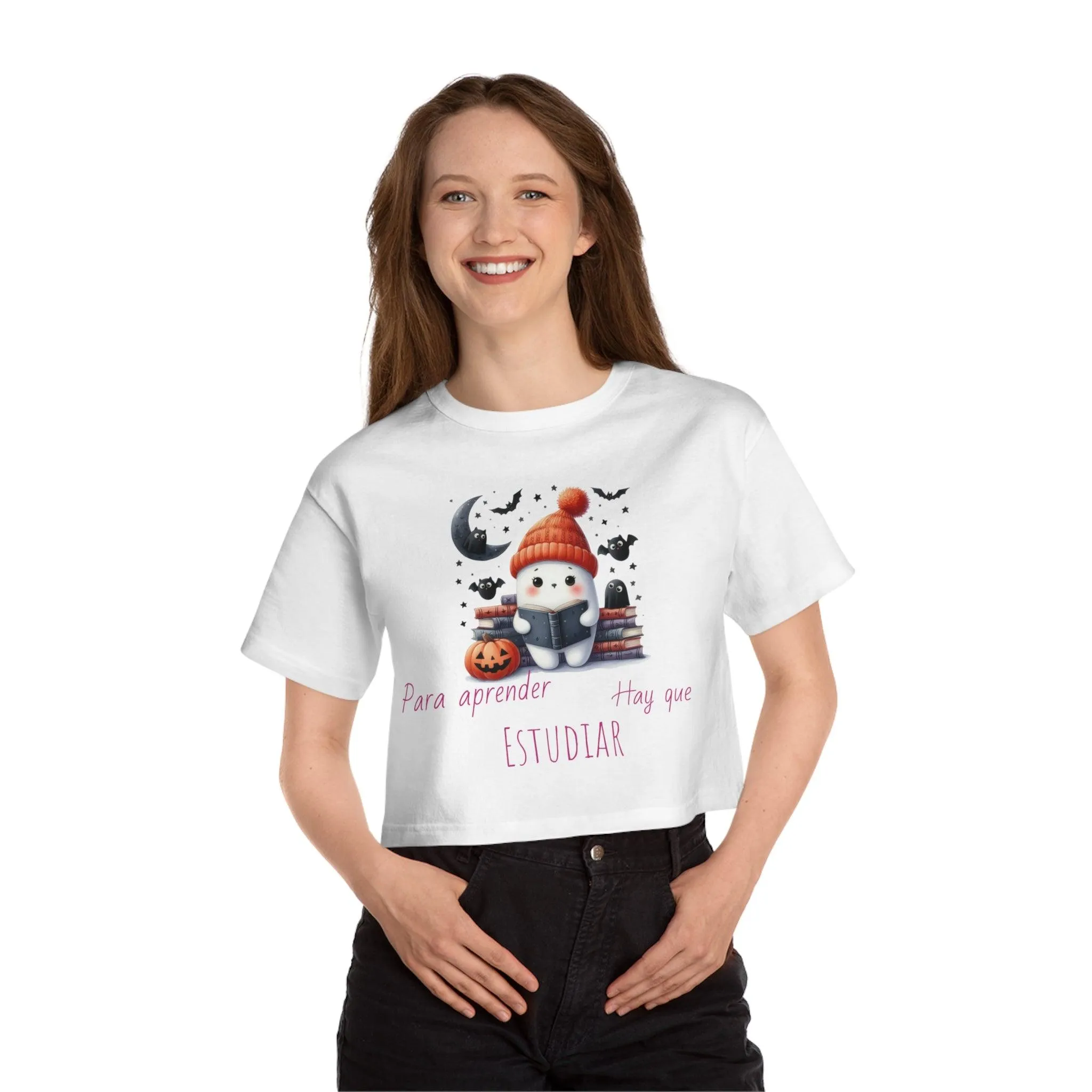 T-Shirt Corta Fantasma con Libros y mensaje: " Para Aprender Hay Que Leer"/T-Shirt  Halloween/T-Shirt Amante de los Libros