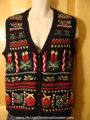 Tacky Cheap Ugly Christmas Sweater Vest with Rows of Geometric Festive Fun (f617)