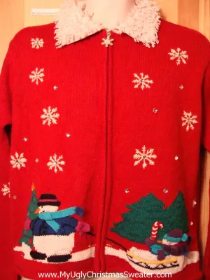 Tacky Ugly Christmas Sweater 2sided Snowflakes & Furry Collar (f264)