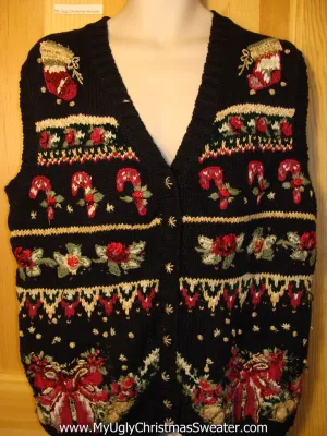 Tacky Ugly Christmas Sweater Vest Busy Rows of Horrid Festive Fun (f300)