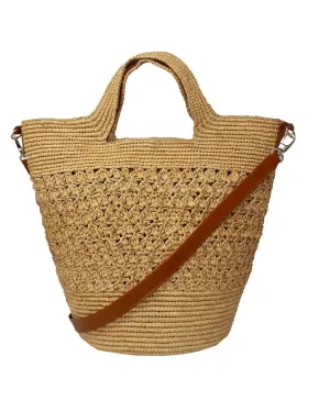 Tall Bag With Leather Strap in Beige Straw With Cognac Leather | Beige Straw With Cognac Leather