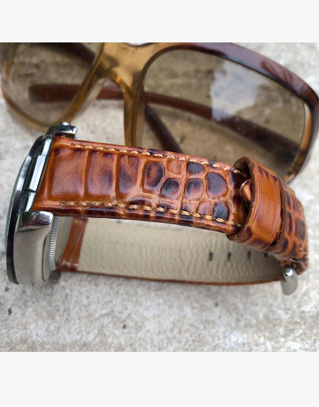 Tan-Brown crocodile Grain Leather Watch Band Strap