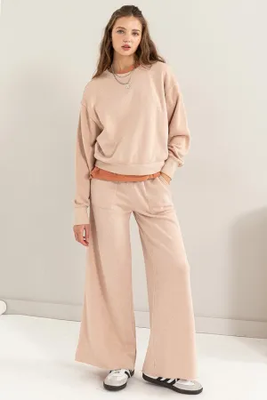 Tan High Rise Wide Leg Drawstring Pants