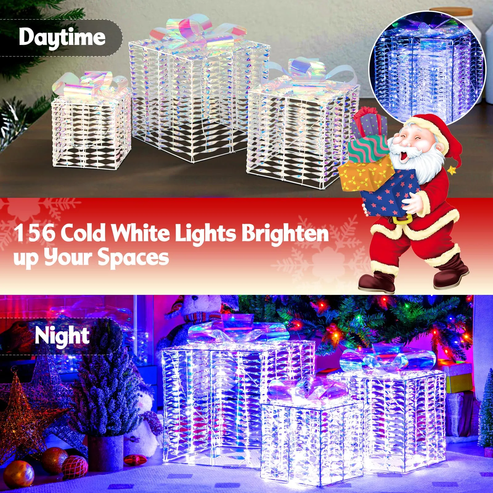 Tangkula Set of 3 Christmas Iridescent Box, 156 Cold White LED Lighted Present Boxes with Iridescent Bows