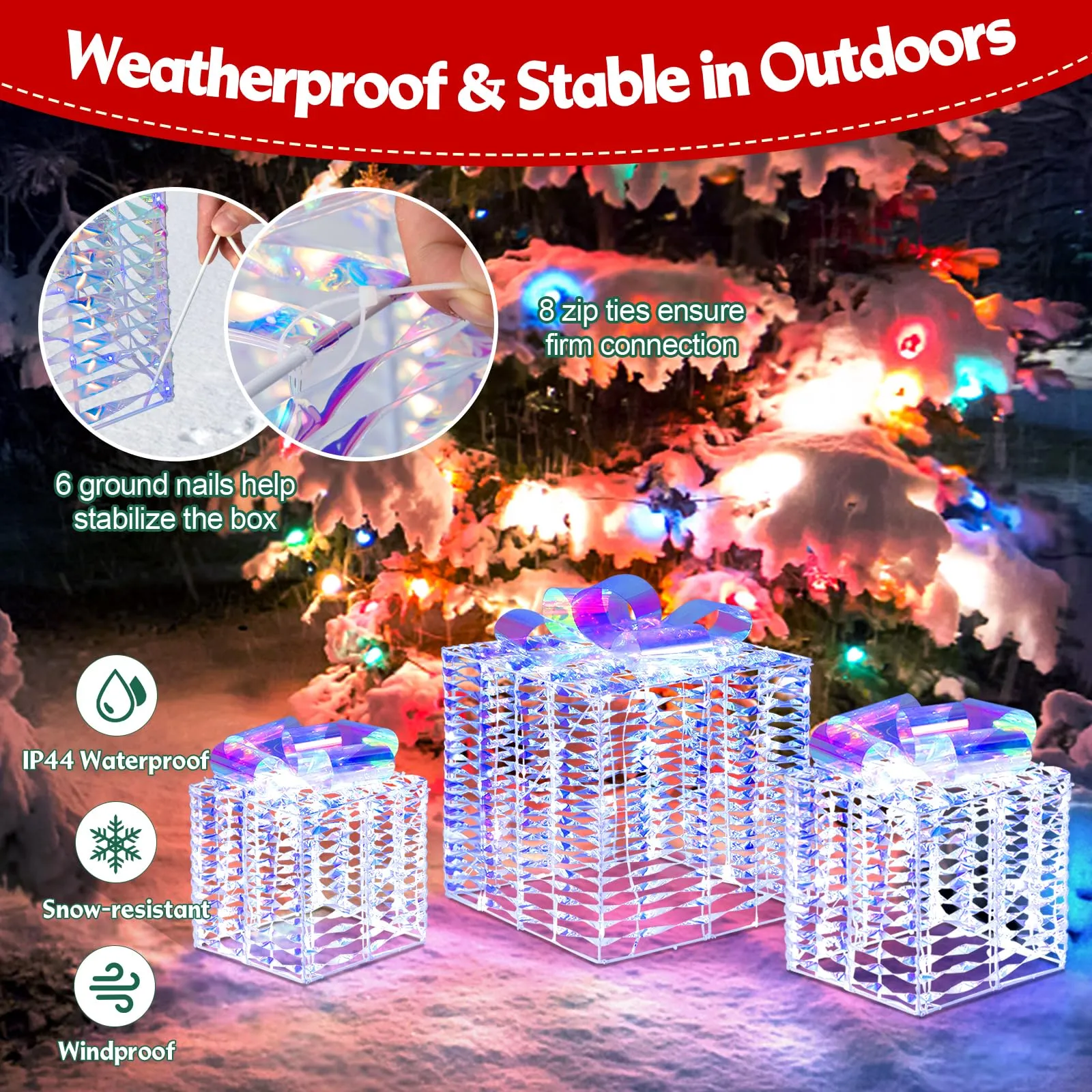 Tangkula Set of 3 Christmas Iridescent Box, 156 Cold White LED Lighted Present Boxes with Iridescent Bows