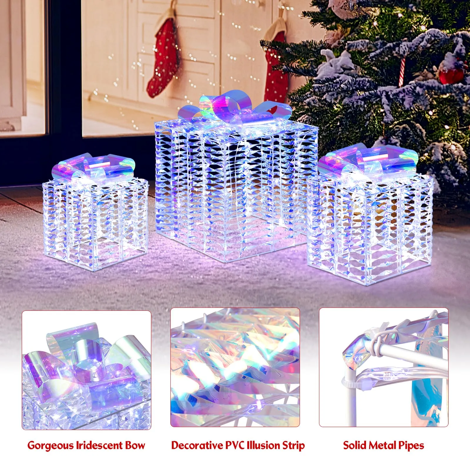 Tangkula Set of 3 Christmas Iridescent Box, 156 Cold White LED Lighted Present Boxes with Iridescent Bows