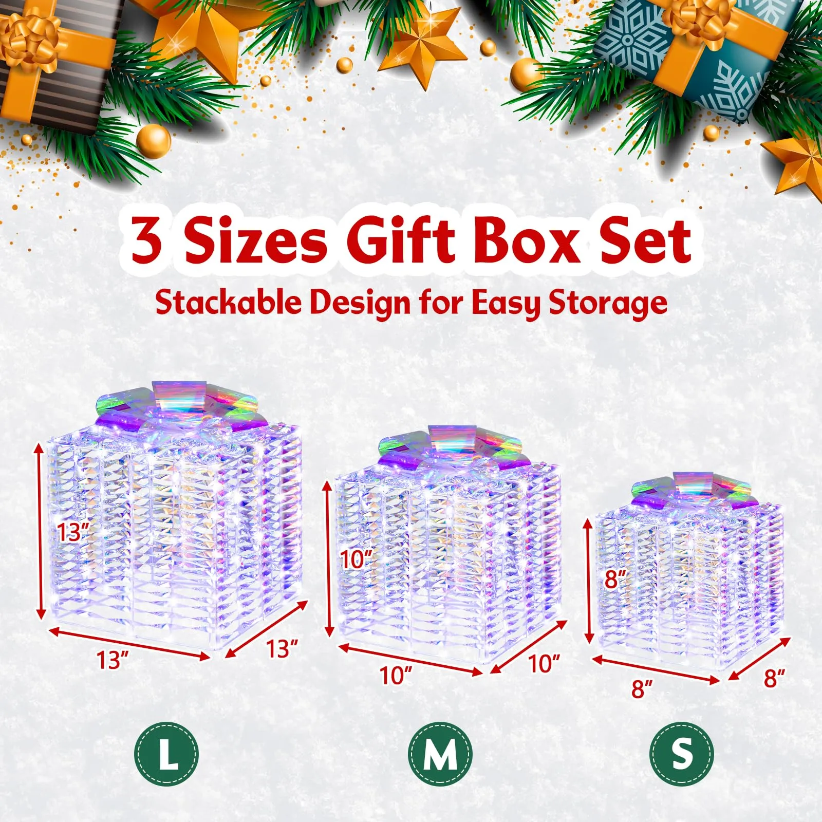 Tangkula Set of 3 Christmas Iridescent Box, 156 Cold White LED Lighted Present Boxes with Iridescent Bows