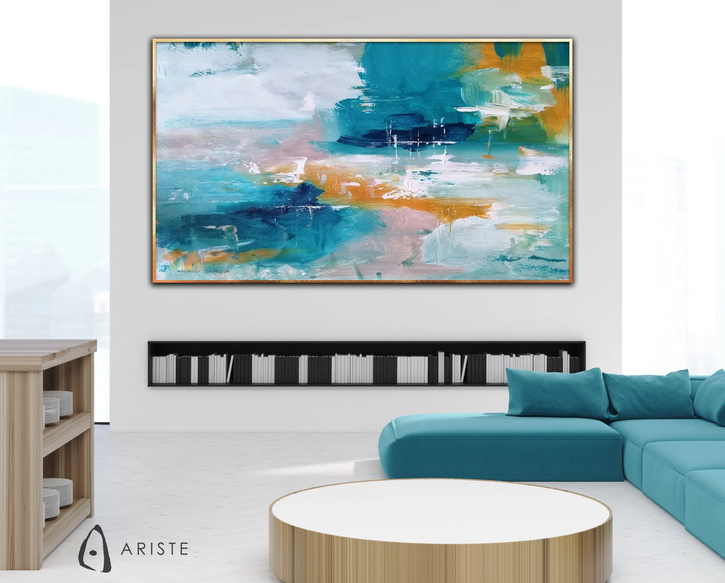 Teal, blue & orange large abstract painting made to order in a custom size